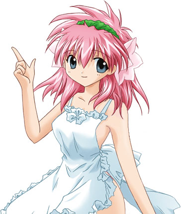milfeulle sakuraba, galaxy angel, eyebrows, lowres, 00s, 1girl, apron, blue eyes, female focus, flower, hair between eyes, hair flower, hair ornament, index finger raised, long hair, looking at viewer, naked apron, pink hair, simple background, solo, white background