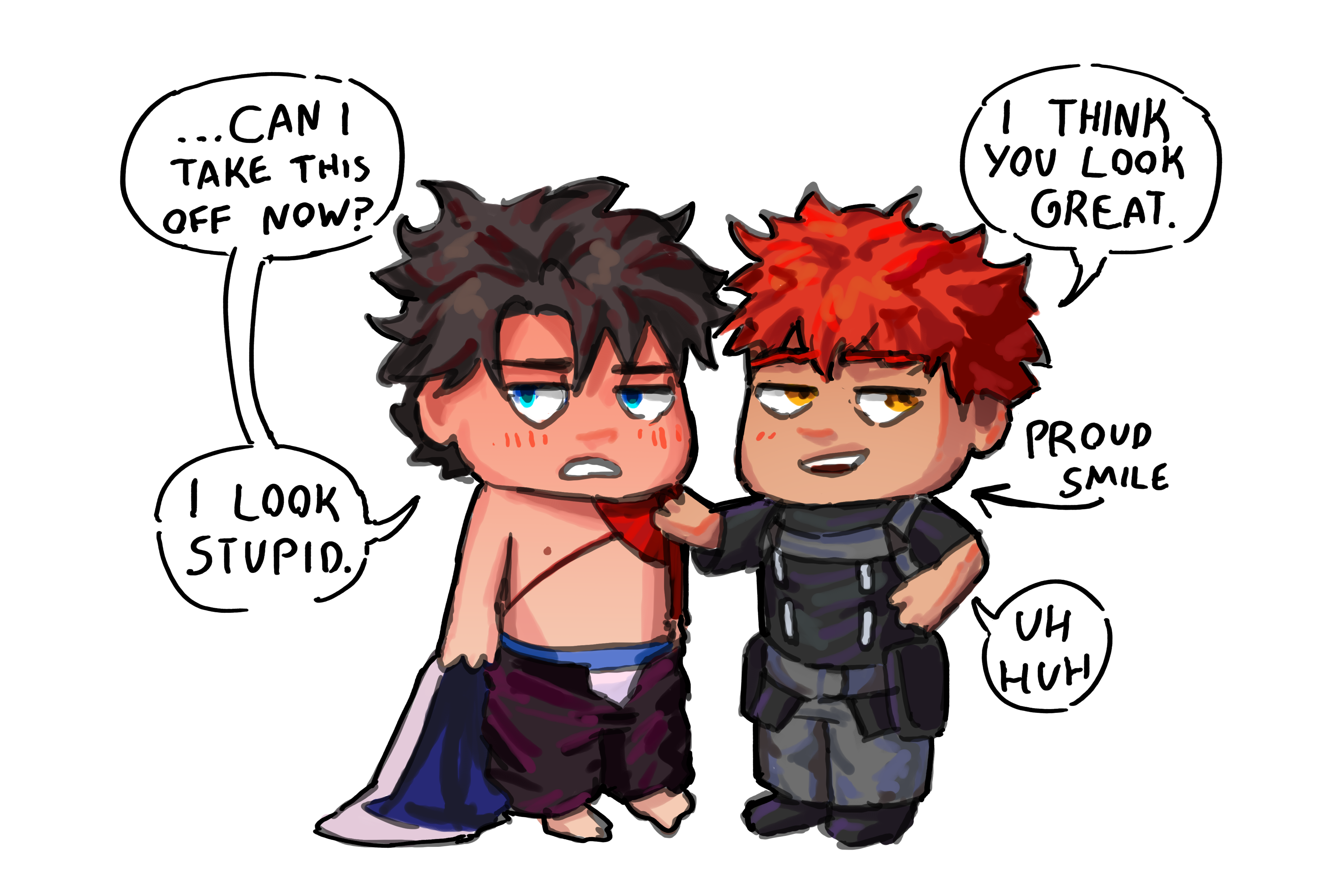emiya shirou, fujimaru ritsuka (male), senji muramasa (fate), absurdres, highres, 2boys, chibi, cosplay, costume switch, greyearl 7, male focus, multiple boys