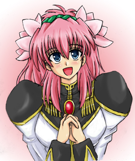 milfeulle sakuraba, galaxy angel, 00s, 1girl, blue eyes, blush, female focus, flower, gradient background, hair flower, hair ornament, long hair, looking at viewer, own hands clasped, pink hair, puffy sleeves, simple background, smile, solo