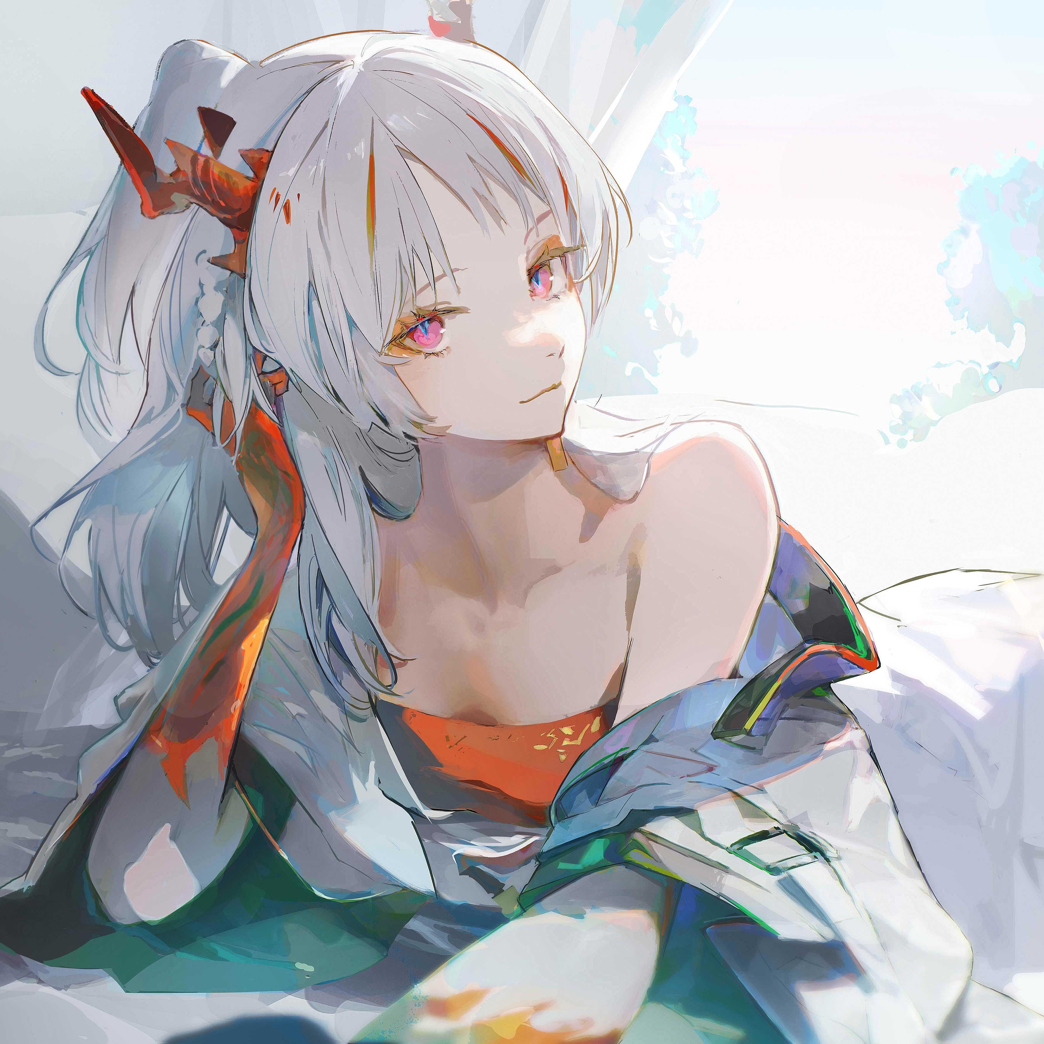 luo29541090, nian (arknights), arknights, absurdres, hashtag-only commentary, highres, 1girl, bare shoulders, breasts, closed mouth, colored extremities, dragon girl, dragon horns, hand in own hair, horns, jacket, light smile, long hair, looking at viewer, lying, multicolored hair, off shoulder, on stomach, pink eyes, red hair, small breasts, solo, streaked hair, white hair, white jacket