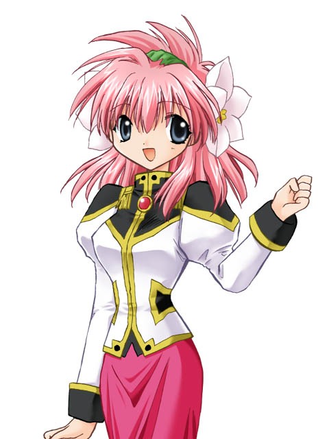 milfeulle sakuraba, galaxy angel, 00s, 1girl, blue eyes, female focus, flower, hair flower, hair ornament, long hair, looking at viewer, open mouth, pink hair, puffy sleeves, simple background, smile, solo, white background