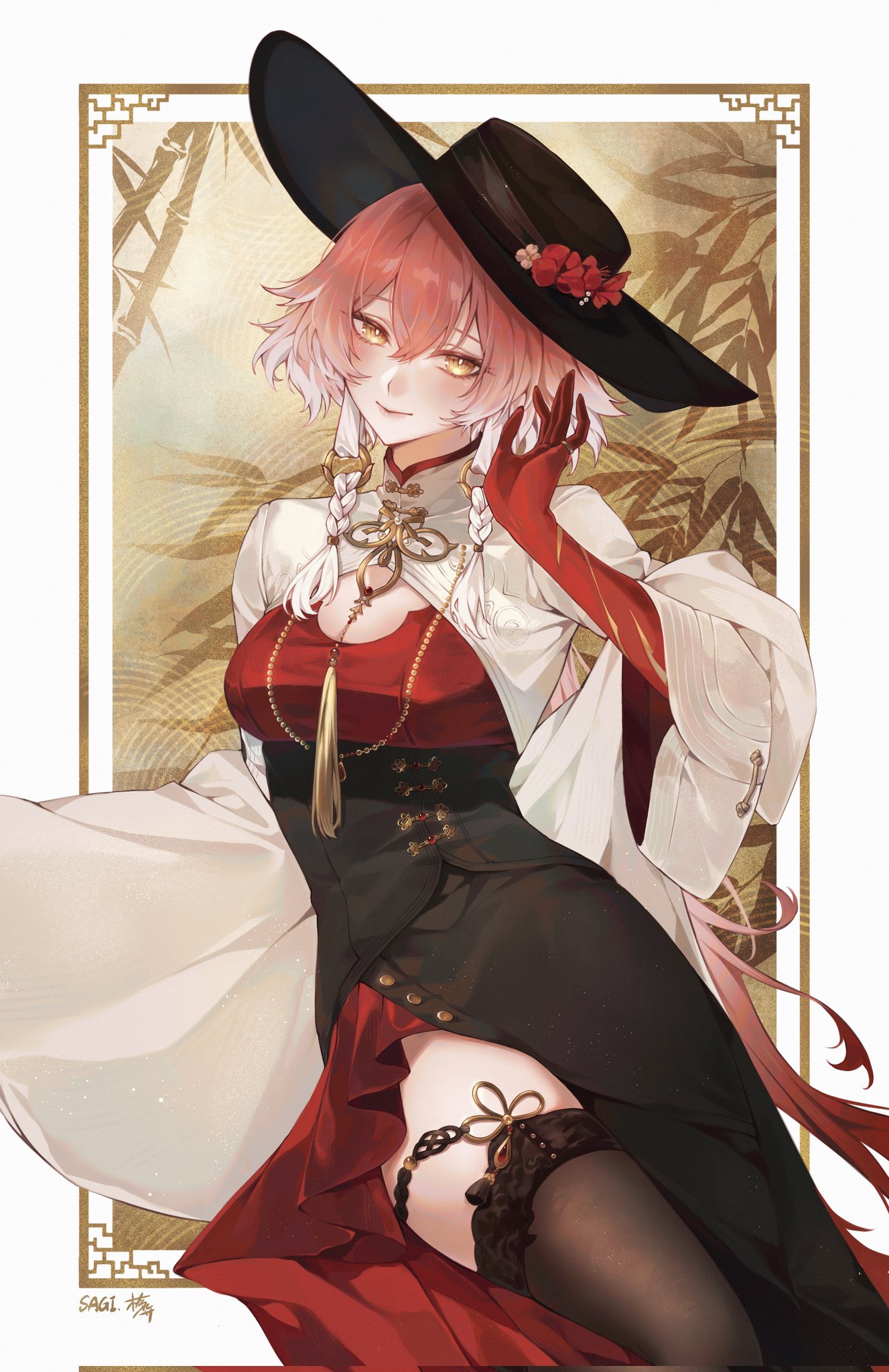 sagi (sagi 0116), changli (wuthering waves), wuthering waves, commentary, corrupted twitter file, highres, symbol-only commentary, 1girl, black dress, black hat, black panties, braid, breasts, bright pupils, cleavage, closed mouth, colored extremities, dress, hair between eyes, hair extensions, hand up, hat, lace, lace-trimmed thighhighs, lace trim, layered dress, long sleeves, looking at viewer, medium breasts, multicolored hair, official alternate costume, panties, pink hair, red dress, red hands, ring hair extensions, shirt, shrug (clothing), signature, smile, solo, thighhighs, thighs, twin braids, two-tone hair, underwear, white hair, white pupils, white shrug, yellow eyes