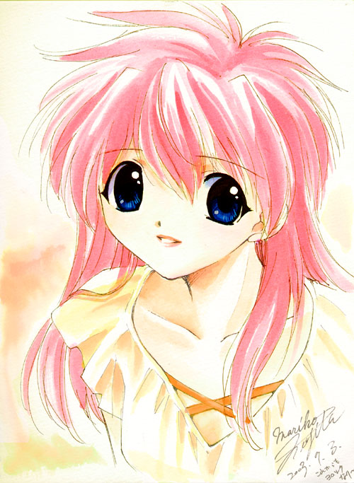 milfeulle sakuraba, galaxy angel, artist request, 00s, 1girl, alternate costume, blue eyes, dated, female focus, long hair, looking at viewer, parted lips, pink hair, signature, simple background, solo