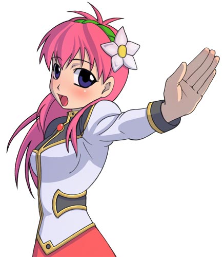 milfeulle sakuraba, galaxy angel, lowres, 00s, 1girl, blue eyes, female focus, flower, hair flower, hair ornament, long hair, looking at viewer, open mouth, pink hair, puffy sleeves, simple background, smile, solo, white background