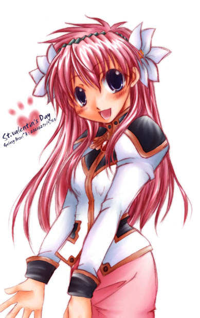milfeulle sakuraba, galaxy angel, 00s, 1girl, blue eyes, blush, female focus, heart, long hair, open mouth, pink hair, puffy sleeves, simple background, skirt, skirt set, smile, solo, valentine, white background