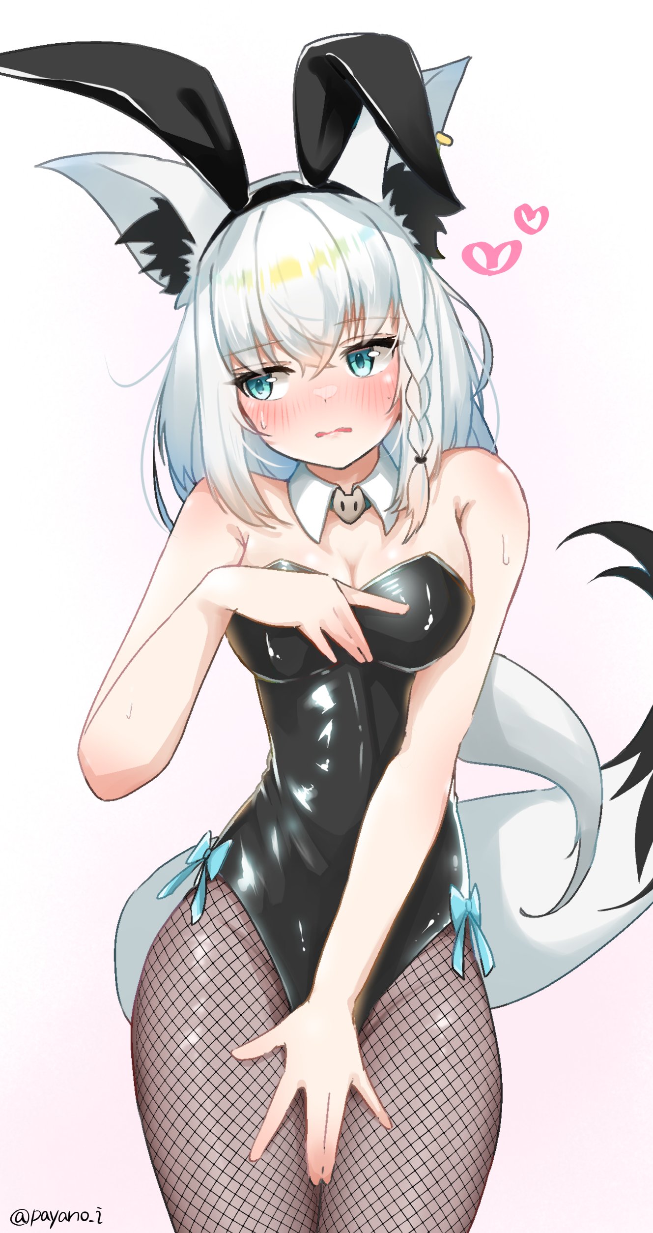 payano i, shirakami fubuki, hololive, absurdres, commentary request, highres, 1girl, ahoge, animal ear fluff, animal ears, black leotard, blush, braid, breasts, detached collar, earrings, fake animal ears, fishnet pantyhose, fishnets, fox ears, fox girl, fox tail, gradient background, green eyes, hair between eyes, heart, jewelry, leotard, long hair, looking to the side, medium breasts, open mouth, pantyhose, playboy bunny, rabbit ears, sidelocks, simple background, single braid, solo, sweat, tail, twitter username, virtual youtuber, wavy mouth, white hair