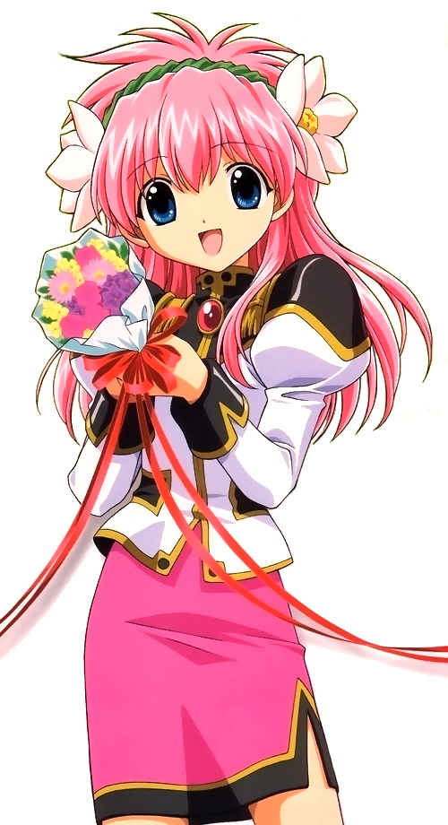 milfeulle sakuraba, galaxy angel, 00s, 1girl, blue eyes, blush, bouquet, female focus, flower, hair flower, hair ornament, long hair, pink hair, puffy sleeves, simple background, smile, solo, white background
