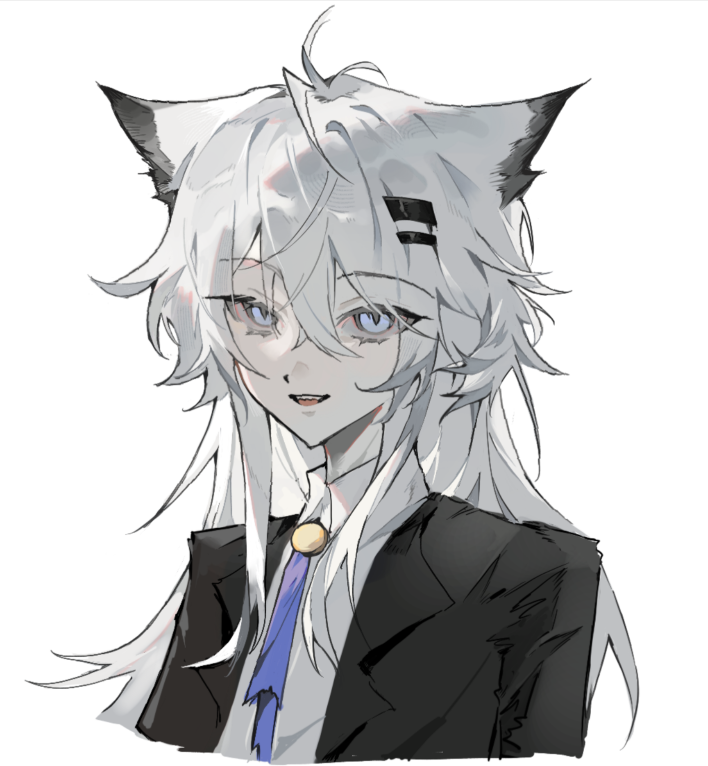 lappland (arknights), arknights, chinese commentary, commentary request, highres, 1girl, animal ears, black jacket, blue eyes, bolo tie, collared shirt, cropped shoulders, grey hair, hair between eyes, hair ornament, hairclip, jacket, kongbai huangyuan, light smile, long hair, looking at viewer, open mouth, shirt, simple background, solo, white background, white shirt, wolf ears, wolf girl