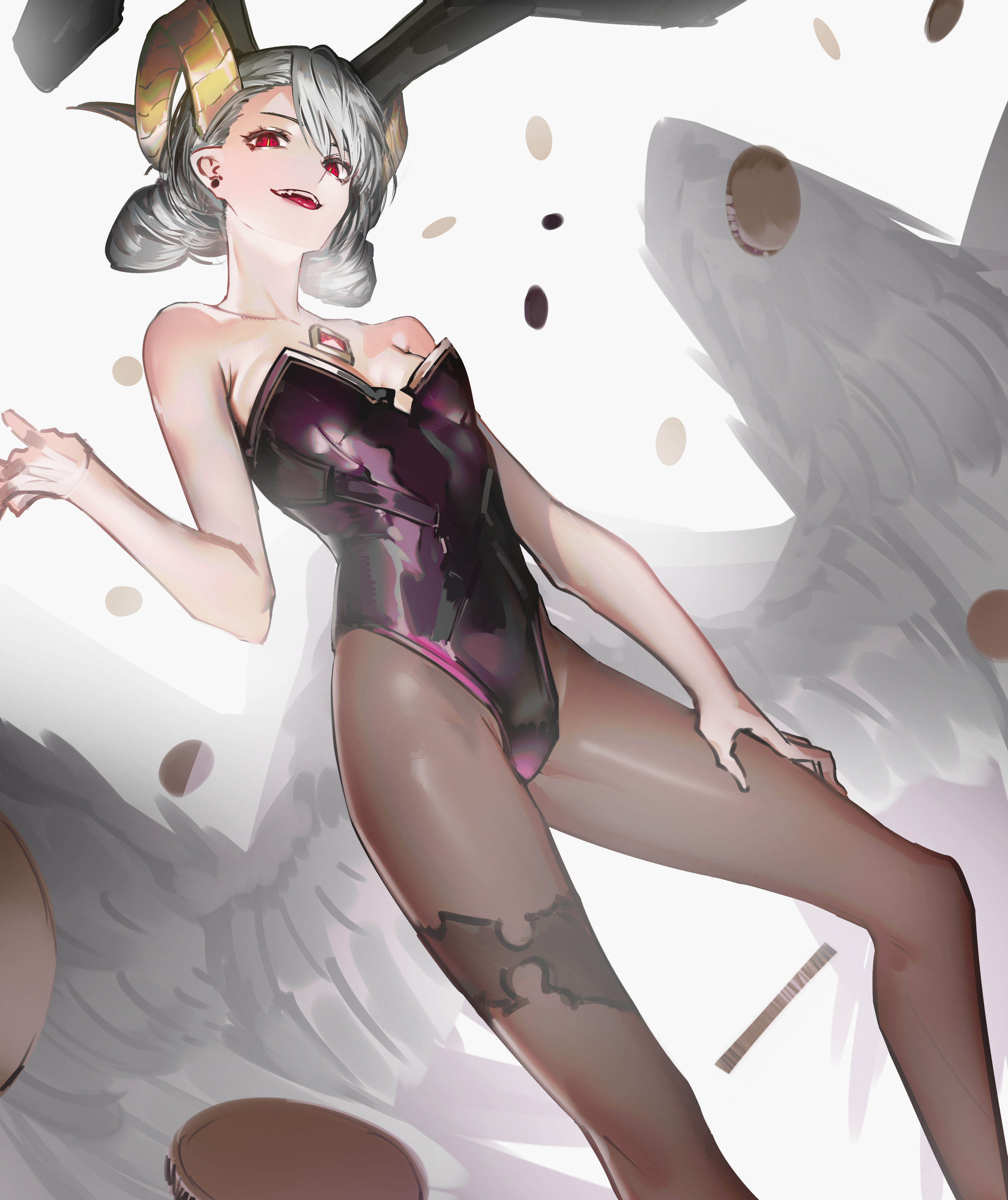 fixro2n, absurdres, highres, 1girl, animal ear hairband, animal ears, breasts, fake animal ears, falling money, fangs, from below, gem, goat horns, grey hair, hair bun, hairband, hand on own leg, hand up, horns, leotard, looking at viewer, low wings, open mouth, ougon no keikenchi, pantyhose, playboy bunny, pointy ears, rabbit ear hairband, rabbit ears, rare (ougon no keikenchi), red eyes, red gemstone, small breasts, solo, very low bun, white background, white wings, wings