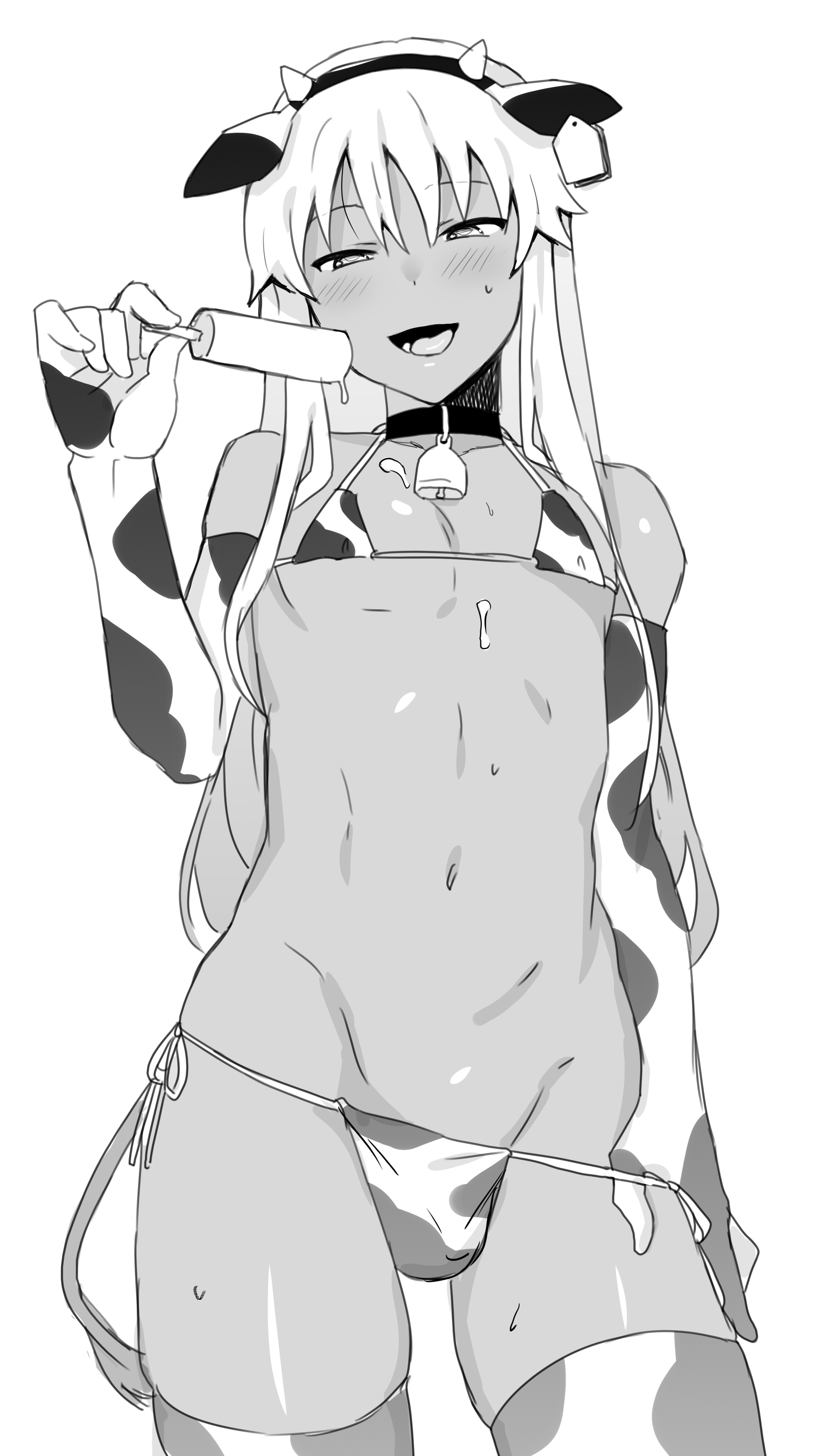ae (aeiu4114), shimakaze-kun, shimakaze (kancolle), kantai collection, absurdres, commentary request, highres, 1boy, alternate costume, animal ear hairband, animal ears, animal print, bare shoulders, bell, bikini, cow boy, cow ears, cow print, cow print bikini, cow print gloves, cow print thighhighs, cowbell, cowboy shot, elbow gloves, fake animal ears, gloves, greyscale, groin, hairband, half-closed eyes, holding, long hair, looking at viewer, lowleg, lowleg bikini, male focus, monochrome, navel, neck bell, open mouth, print bikini, print gloves, print thighhighs, simple background, sketch, smile, solo, stomach, sweat, swimsuit, thighhighs, trap, white background