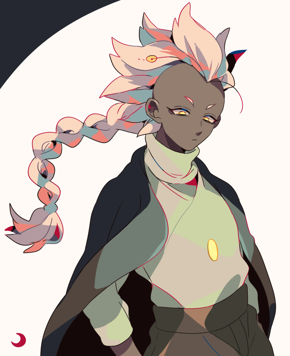 mizuki tsukimori, sky: children of the light, commentary request, highres, 1girl, braid, cape, closed mouth, colored skin, grey pants, grey shirt, grey skin, long hair, looking down, mohawk, pants, shirt, solo, white hair, yellow eyes