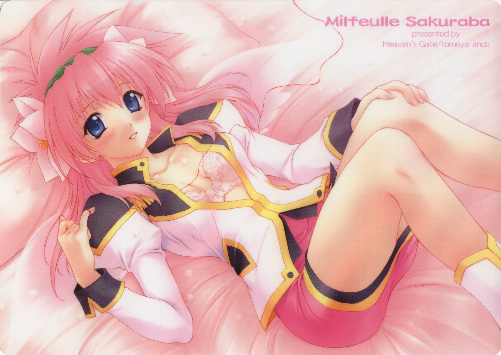 milfeulle sakuraba, galaxy angel, highres, 00s, 1girl, artist name, blue eyes, blush, bra, character name, female focus, flower, hair flower, hair ornament, long hair, lying, on back, open clothes, open shirt, pencil skirt, pink hair, puffy sleeves, shirt, skirt, smile, solo, underwear, wings