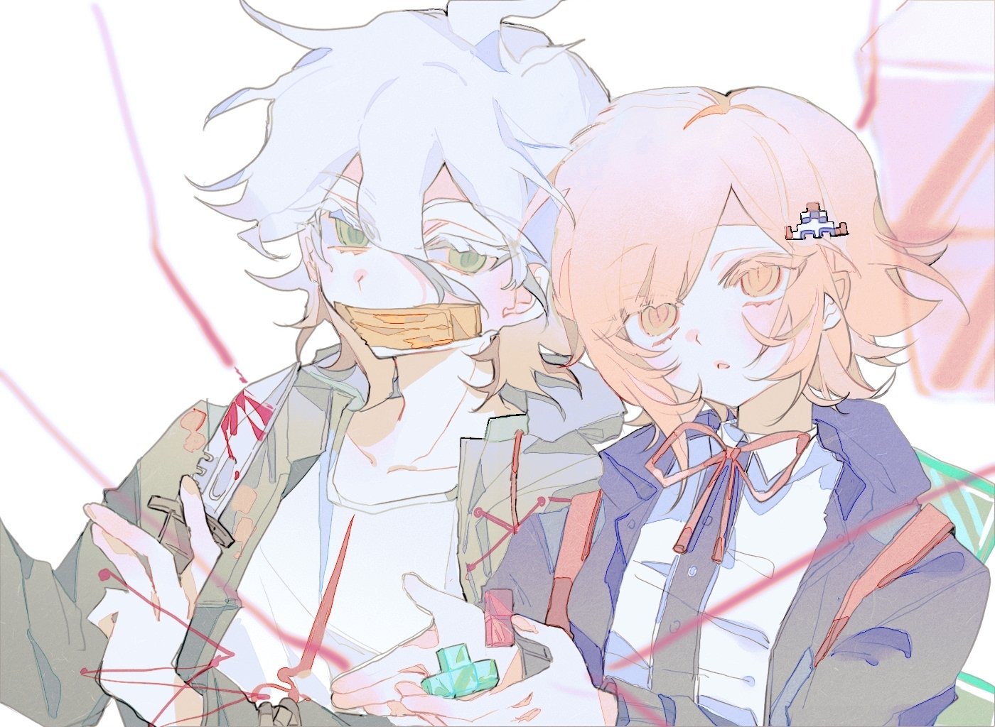 komaeda nagito, nanami chiaki, danganronpa (series), danganronpa 2: goodbye despair, tetris, 1boy, 1girl, :o, black jacket, black shirt, blood, brown eyes, brown hair, collarbone, collared shirt, gag, green jacket, grey hair, hair between eyes, holding, holding knife, htt1988406, improvised gag, jacket, knife, long sleeves, open clothes, open jacket, shirt, short hair, tape, tape gag, two-tone shirt, white shirt