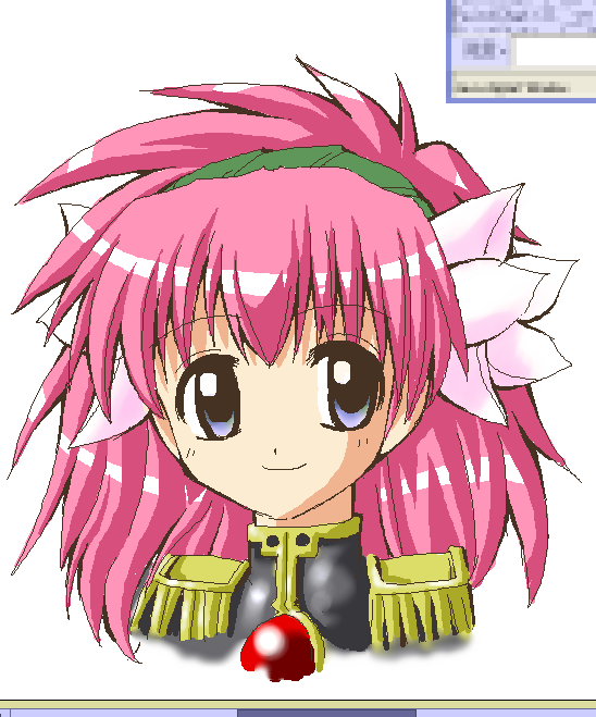 milfeulle sakuraba, galaxy angel, aliasing, tagme, 00s, 1girl, blue eyes, epaulettes, female focus, flower, hair flower, hair ornament, long hair, pink hair, simple background, smile, solo, white background