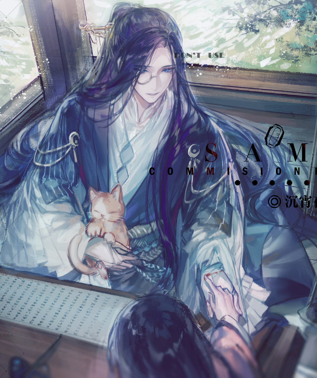 sinko123, clarence clayden, heroine (lovebrush chronicles), lovebrush chronicles, chinese commentary, commission, highres, 1boy, 1girl, animal, black hair, blood, blood on clothes, blood writing, blue coat, blue eyes, blue sash, bridal gauntlets, brush rest, calligraphy brush, cat, chinese clothes, coat, curtained hair, daxiushan, facing away, hair ornament, hair stick, half updo, hand on another's hand, hanfu, holding, holding animal, holding cat, light smile, long hair, long sleeves, looking at another, male focus, mandarin collar, mole, mole under eye, monocle, on floor, paintbrush, parted lips, pink hanfu, pink robe, pleated sleeves, purple hair, robe, sample watermark, sash, scroll, sitting, table, tree, upper body, very long hair, water, watermark, white bridal gauntlets, white hanfu, white robe, wide sleeves, window