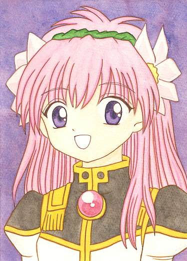 milfeulle sakuraba, galaxy angel, tagme, 00s, 1girl, blue eyes, female focus, flower, hair flower, hair ornament, long hair, pink hair, puffy sleeves, purple background, simple background, smile, solo
