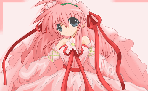 milfeulle sakuraba, galaxy angel, lowres, tagme, 00s, 1girl, bare shoulders, blue eyes, bow, choker, detached sleeves, dress, female focus, flower, hair bow, hair flower, hair ornament, head tilt, long hair, looking at viewer, pink hair, simple background, solo