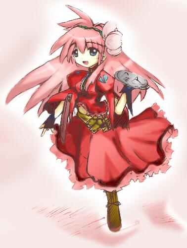 milfeulle sakuraba, galaxy angel, lowres, tagme, 00s, 1girl, alternate costume, blue eyes, dress, female focus, fingerless gloves, flower, gloves, hair flower, hair ornament, long hair, looking at viewer, open mouth, pink hair, puffy sleeves, simple background, smile, solo