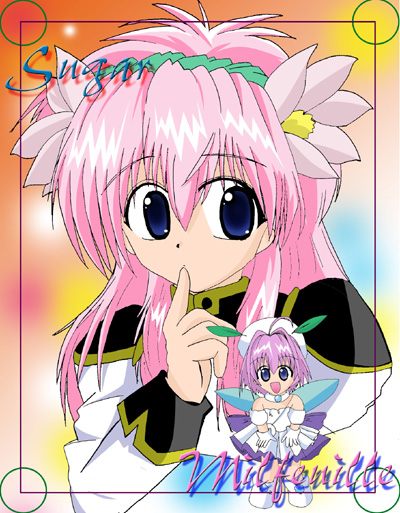 milfeulle sakuraba, sugar (chicchana yukitsukai sugar), chicchana yukitsukai sugar, galaxy angel, white footwear, 00s, 2girls, ahoge, bare shoulders, blue eyes, character name, choker, company connection, crossover, dress, fairy, finger to mouth, flower, gloves, gradient background, hair flower, hair ornament, hat, long hair, looking at viewer, multiple girls, open mouth, pink hair, puffy sleeves, purple eyes, shoes, short hair, simple background, skirt, smile, white gloves, white skirt, wings
