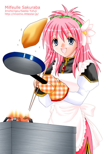 yufuji saeka, milfeulle sakuraba, galaxy angel, tagme, 00s, 1girl, apron, artist name, blue eyes, character name, chopsticks, cooking, female focus, fire, flower, frying pan, hair flower, hair ornament, happy, long hair, pink hair, puffy sleeves, simple background, smile, solo, watermark, web address, white background