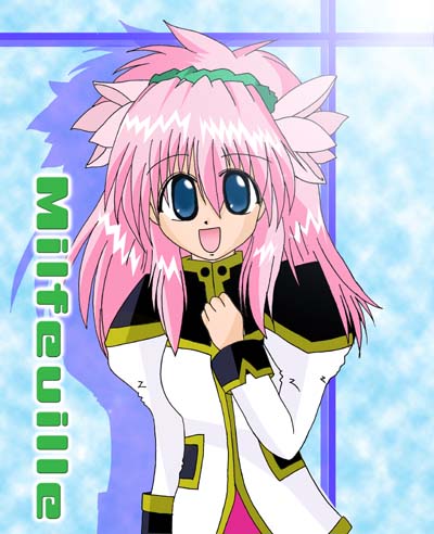 milfeulle sakuraba, galaxy angel, lowres, tagme, 00s, 1girl, blue eyes, blush, character name, female focus, flower, hair flower, hair ornament, long hair, looking at viewer, open mouth, pink hair, puffy sleeves, smile, solo