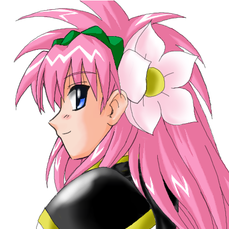 milfeulle sakuraba, galaxy angel, lowres, tagme, 00s, 1girl, blue eyes, blush, female focus, flower, hair flower, hair ornament, long hair, looking at viewer, looking back, pink hair, puffy sleeves, simple background, smile, solo, white background