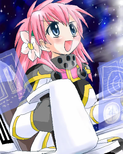 milfeulle sakuraba, galaxy angel, aliasing, lowres, tagme, 00s, 1girl, blue eyes, blush, female focus, flower, hair flower, hair ornament, long hair, open mouth, pink hair, smile, solo, space