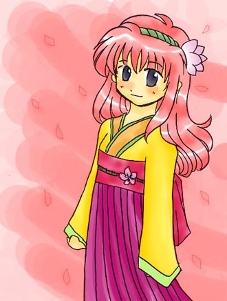 milfeulle sakuraba, galaxy angel, lowres, 00s, 1girl, alternate costume, blue eyes, blush, female focus, flower, hair flower, hair ornament, japanese clothes, long hair, petals, pink background, pink hair, simple background, smile, solo