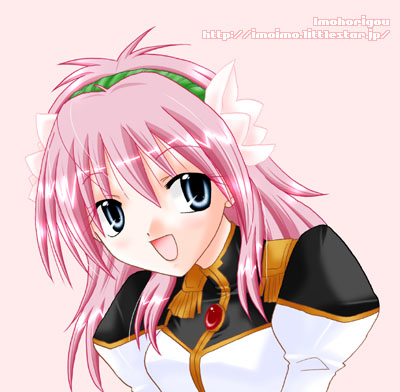 yufuji saeka, milfeulle sakuraba, galaxy angel, lowres, tagme, 00s, 1girl, artist name, blue eyes, blush, female focus, flower, hair flower, hair ornament, long hair, looking at viewer, open mouth, pink hair, puffy sleeves, simple background, smile, solo, watermark, web address