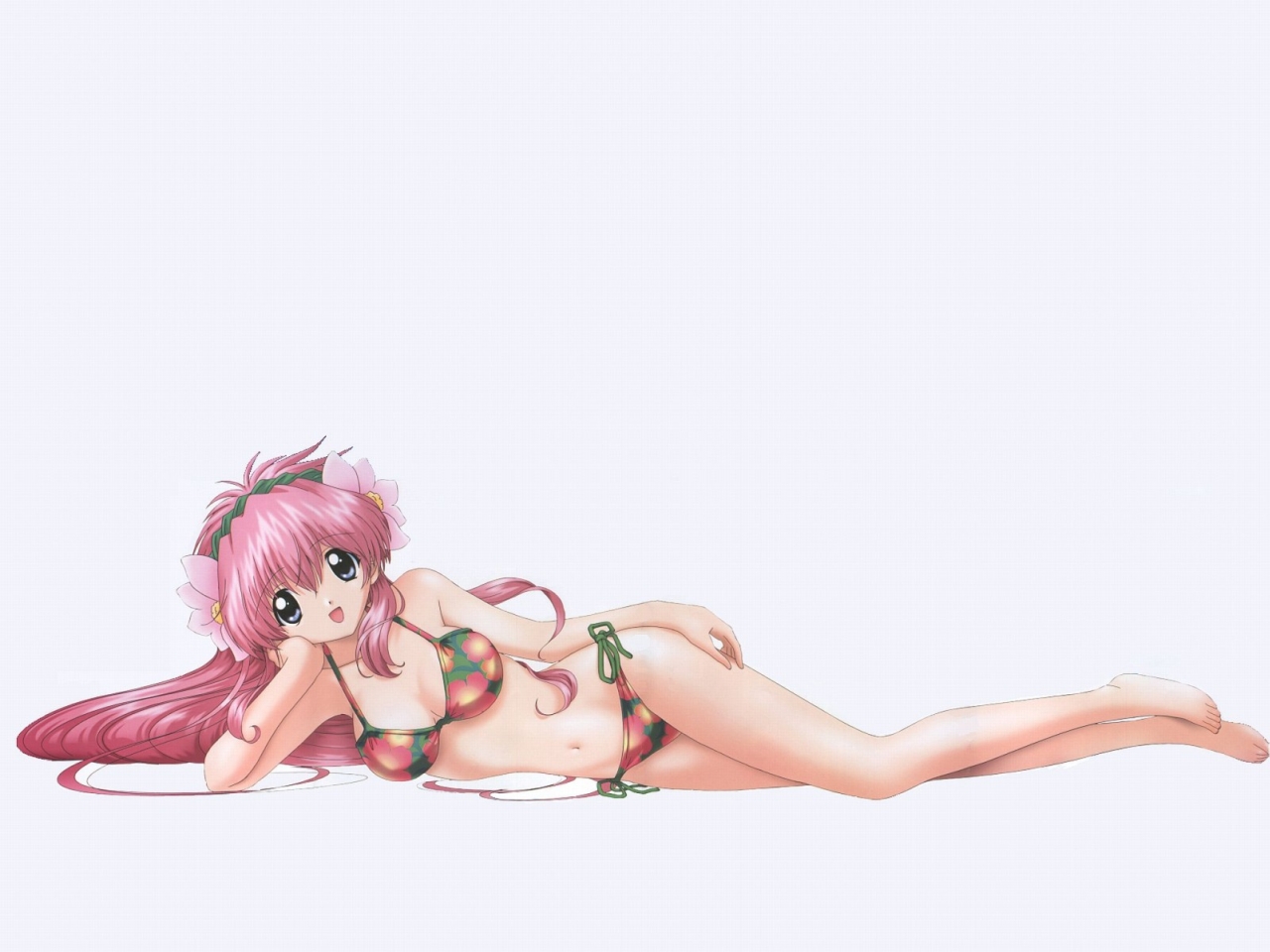 milfeulle sakuraba, galaxy angel, 00s, 1girl, alternate costume, arm support, bikini, blue eyes, breasts, female focus, floral print, flower, hair flower, hair ornament, large breasts, long hair, looking at viewer, lying, on side, open mouth, pink hair, side-tie bikini bottom, simple background, smile, solo, swimsuit, white background