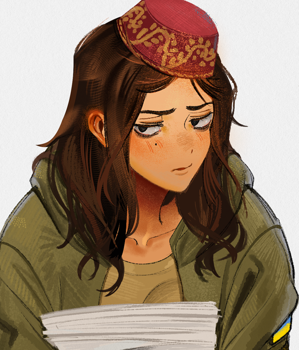 usergore, original, 1girl, army, blush, crimean tatar, dark-skinned female, dark skin, embarrassed, green jacket, holding, holding paper, jacket, long hair, military, narrowed eyes, nose blush, paper, russo-ukrainian war, shefika (usergore), solo, ukraine, ukrainian flag