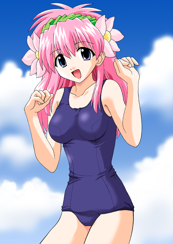 milfeulle sakuraba, galaxy angel, 00s, 1girl, blue eyes, blush, cloud, female focus, flower, hair flower, hair ornament, long hair, looking at viewer, open mouth, outdoors, pink hair, school swimsuit, sky, smile, solo, swimsuit