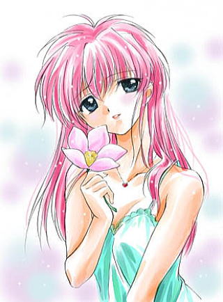 milfeulle sakuraba, galaxy angel, lowres, tagme, 00s, 1girl, bare shoulders, blue eyes, blush, female focus, flower, jewelry, long hair, necklace, pink hair, simple background, smile, solo