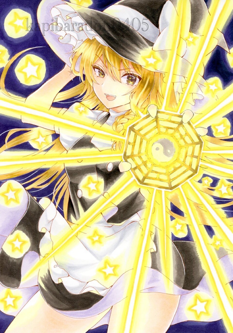 kapibaradon0405, kirisame marisa, touhou, highres, 1girl, aiming, aiming at viewer, apron, black overalls, black vest, blonde hair, hat, long hair, mini-hakkero, overall skirt, overalls, shirt, short sleeves, solo, vest, waist apron, white apron, white shirt, witch hat, yellow eyes