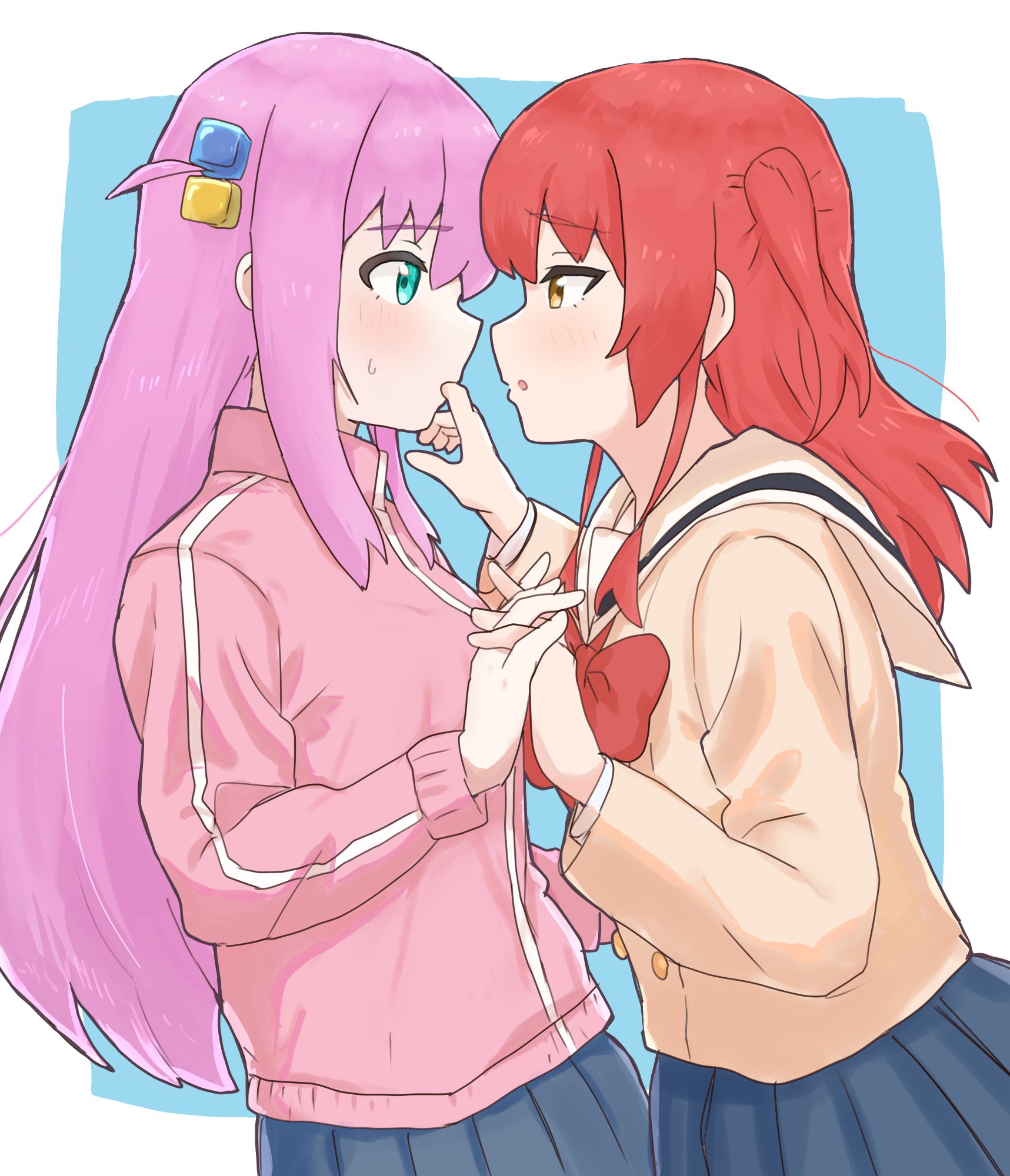 koto noha, gotoh hitori, kita ikuyo, bocchi the rock!, highres, 2girls, blue background, blue eyes, blush, bow, bowtie, cube, finger in another's mouth, grey skirt, interlocked fingers, jacket, long hair, multiple girls, pink hair, pink jacket, pink track suit, red bow, red bowtie, red hair, school uniform, shuka high school uniform, side ahoge, side ponytail, simple background, skirt, sweat, track suit, two-tone background, white background, yellow eyes, yuri