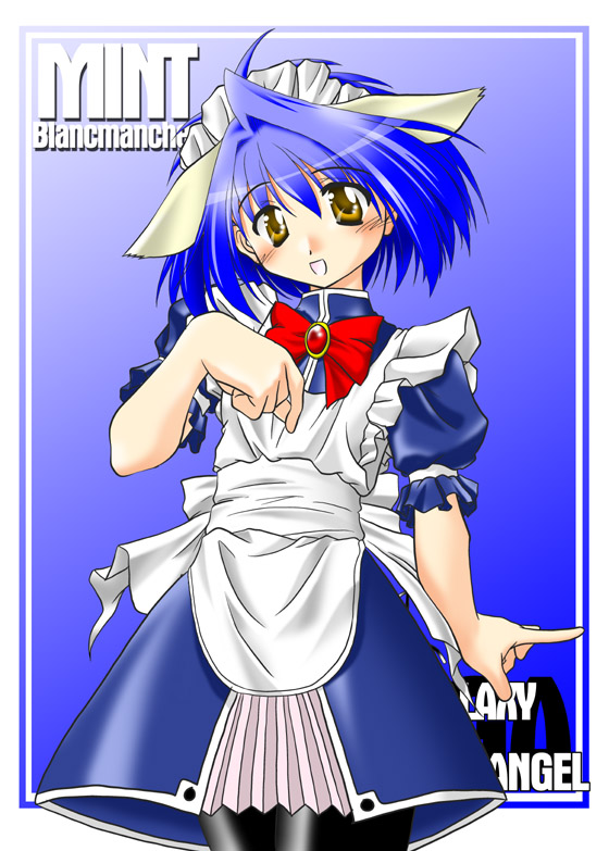 mint blancmanche, galaxy angel, 00s, 1girl, alternate costume, animal ears, blue background, blue hair, blush, character name, copyright name, enmaided, female focus, gradient background, green eyes, looking at viewer, maid, maid headdress, open mouth, short hair, simple background, smile, solo, yellow eyes