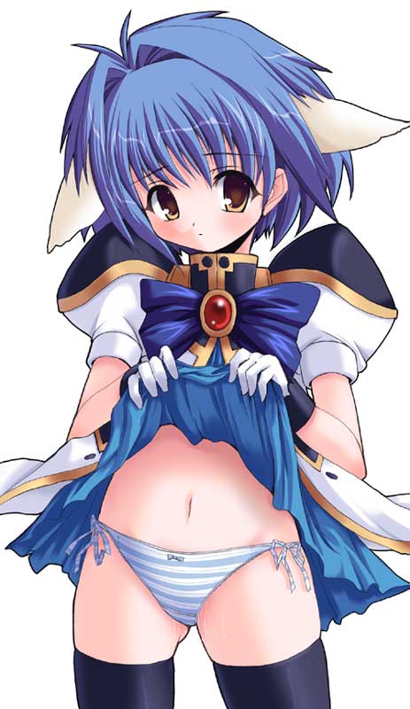 mint blancmanche, galaxy angel, 00s, 1girl, animal ears, blue hair, blush, bow, bow panties, clothes lift, dress, dress lift, female focus, gloves, looking at viewer, panties, short hair, side-tie panties, simple background, solo, striped clothes, striped panties, thighhighs, underwear, white background, yellow eyes