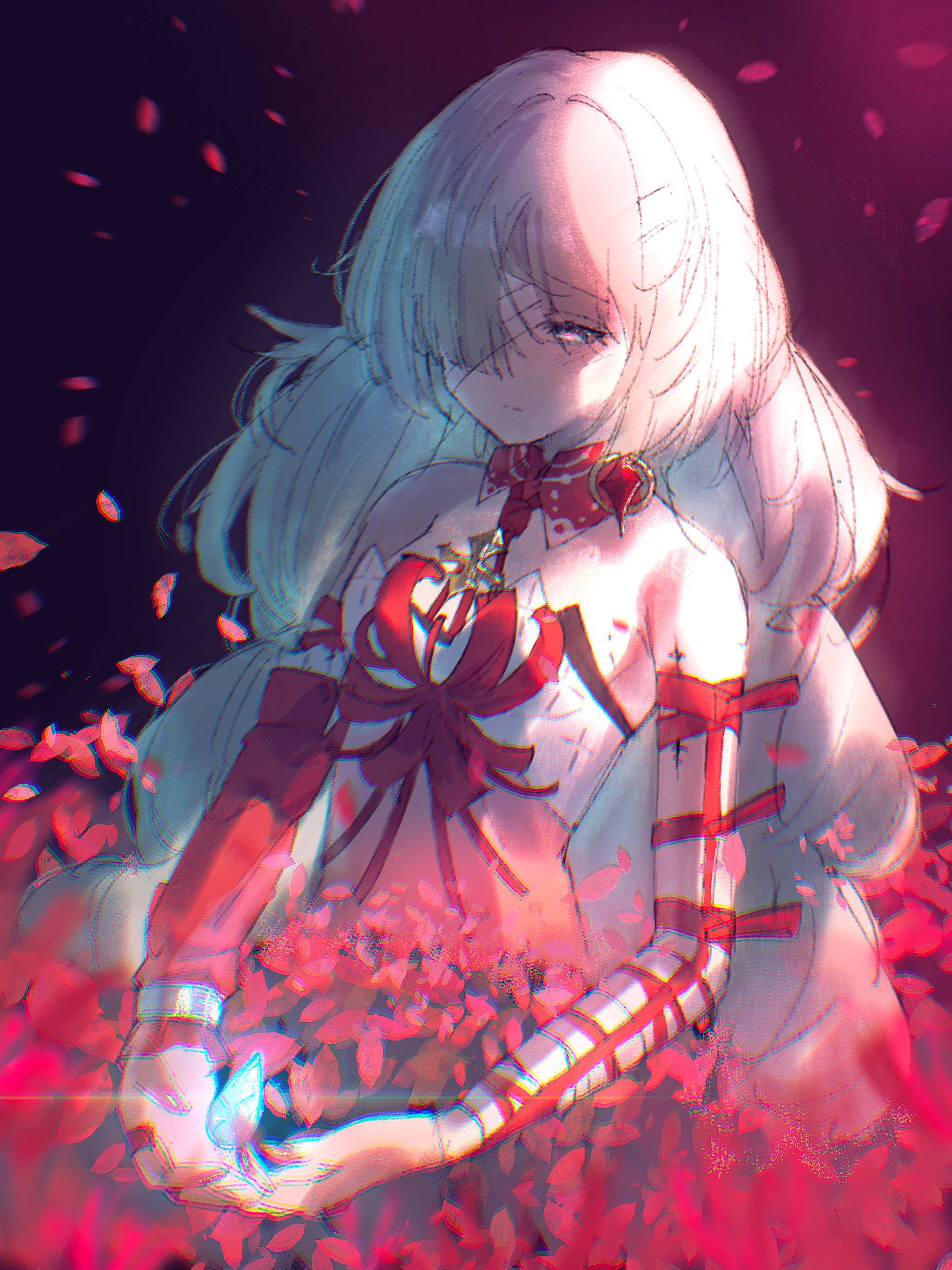 shigureszku, phrolova (wuthering waves), wuthering waves, absurdres, commentary, highres, 1girl, bandage over one eye, bandaged arm, bandages, bare shoulders, blue petals, braid, breasts, chromatic aberration, closed mouth, detached sleeves, dress, earrings, grey eyes, grey hair, halter dress, halterneck, heavy chromatic aberration, jewelry, long hair, low twin braids, medium breasts, red dress, red petals, red pupils, single detached sleeve, solo, tacet mark (wuthering waves), twin braids