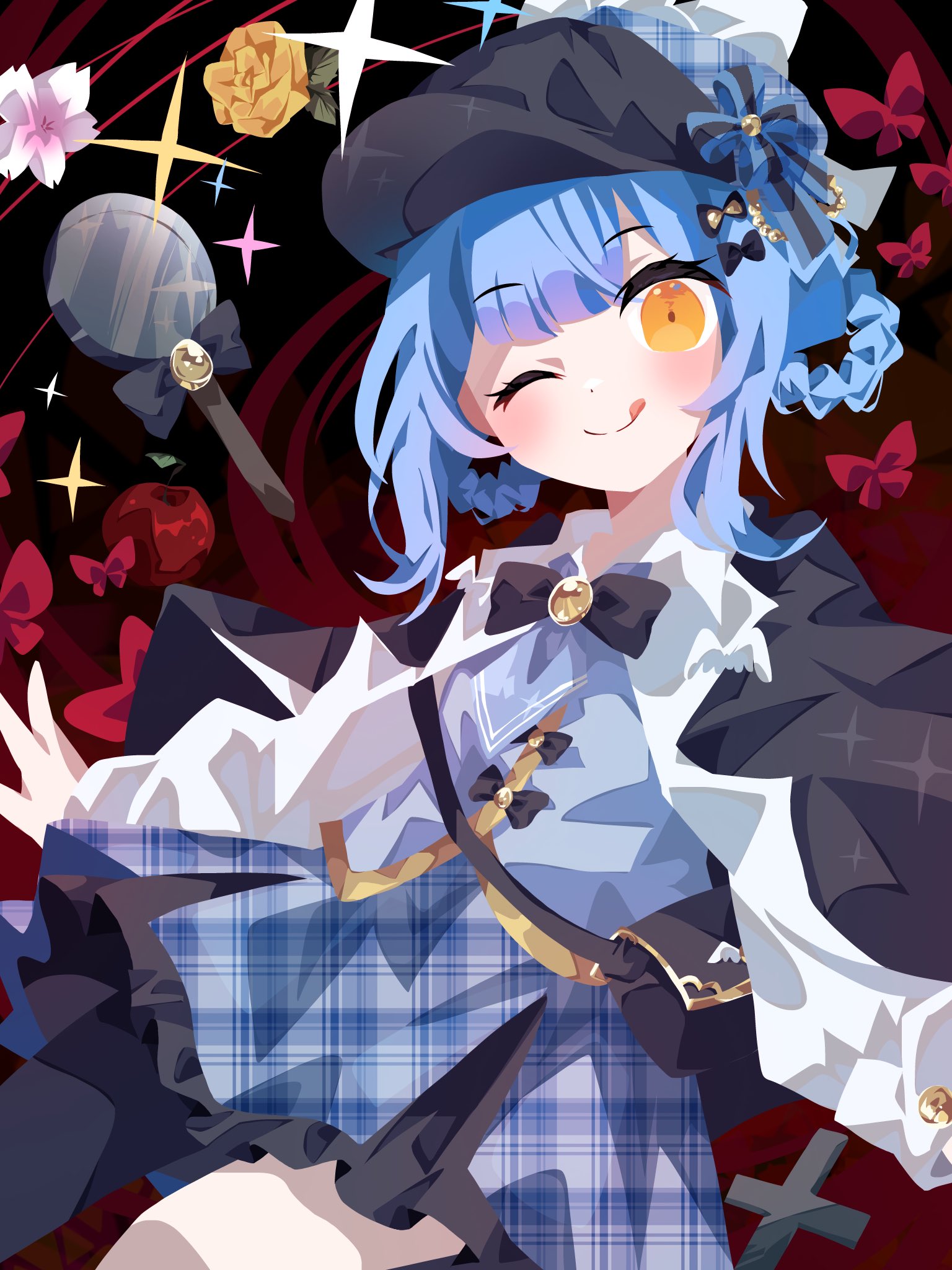 tachibana sherry, mahou shoujo no majo saiban, commentary request, highres, 1girl, :q, apple, asymmetrical legwear, black bag, black bow, black hat, blue hair, blue shirt, blue skirt, bow, braid, braided hair rings, bug, butterfly, closed mouth, cowboy shot, detective, flower, food, frilled skirt, frills, fruit, hair rings, hat, insect, long sleeves, looking at viewer, magical girl, magnifying glass, one eye closed, otomebakudan, plaid clothes, plaid skirt, rose, shirt, short hair, skirt, smile, solo, sparkle, standing, tongue, tongue out, yellow eyes, yellow flower, yellow rose