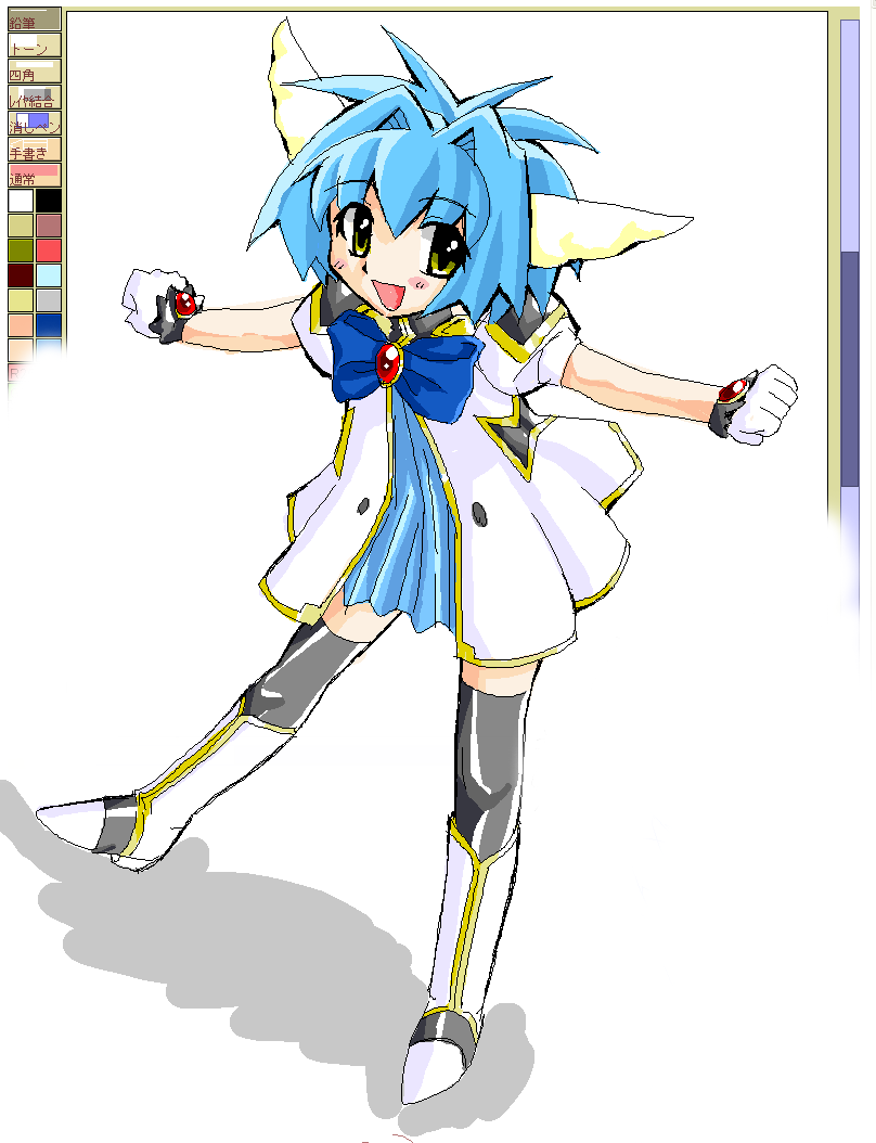 mint blancmanche, galaxy angel, aliasing, 00s, 1girl, animal ears, blue hair, blush, female focus, gloves, green eyes, looking at viewer, open mouth, short hair, simple background, smile, solo, thighhighs, white background, yellow eyes