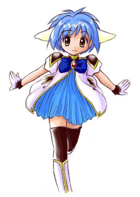 mint blancmanche, galaxy angel, 00s, 1girl, :3, animal ears, blue hair, female focus, gloves, looking at viewer, short hair, solo, thighhighs, yellow eyes, zettai ryouiki