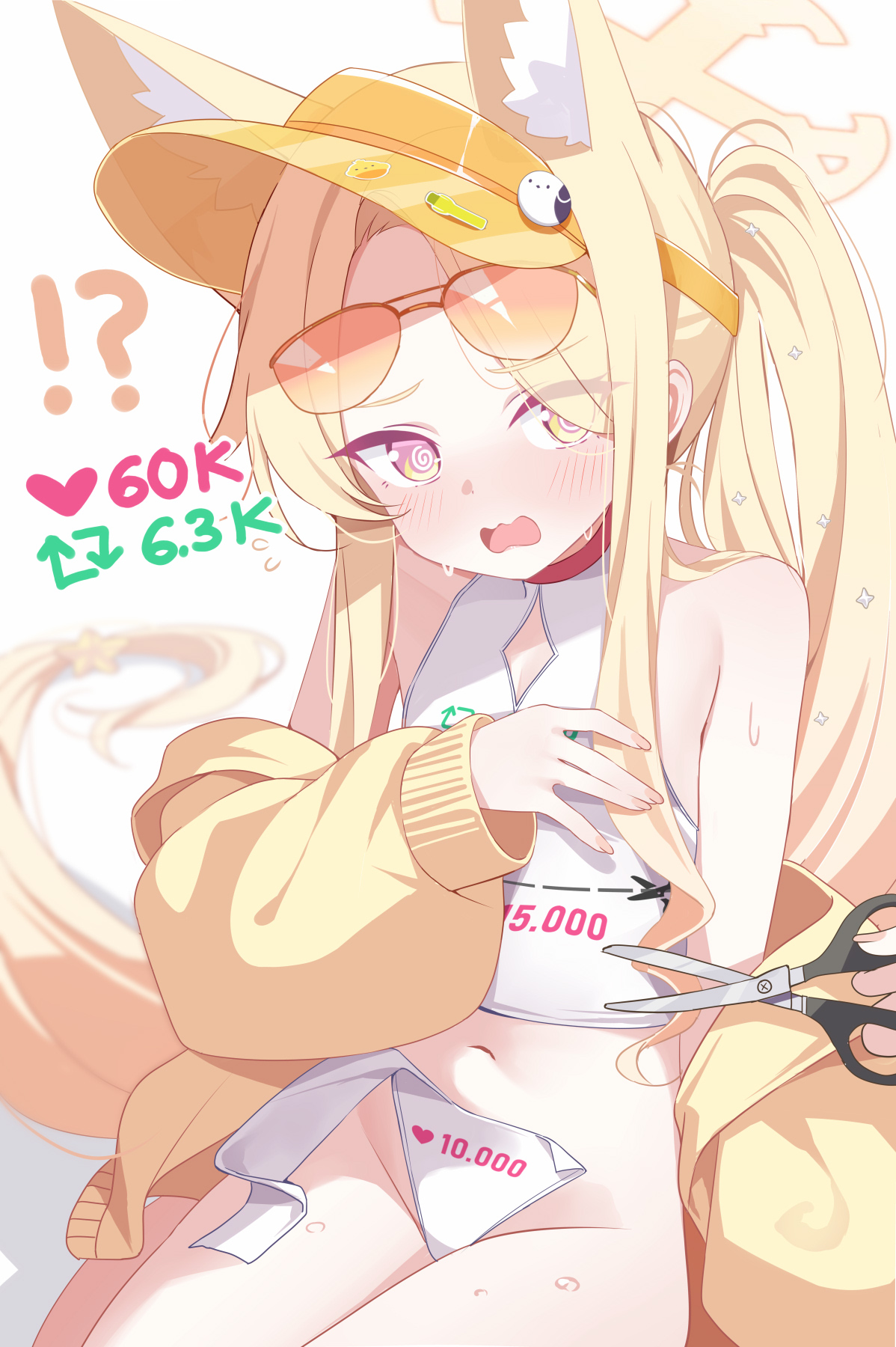 deyui, seia (blue archive), seia (swimsuit) (blue archive), blue archive, highres, 1girl, @ @, animal ear fluff, animal ears, bare shoulders, breasts, covering breasts, covering privates, forehead, fox ears, fox girl, fox tail, highleg, highleg one-piece swimsuit, jacket, long hair, looking at viewer, navel, official alternate costume, official alternate hairstyle, one-piece swimsuit, open mouth, pink-tinted eyewear, pink eyes, side ponytail, small breasts, solo, swimsuit, tail, tinted eyewear, twitter cutting game, twitter strip game, visor cap, white one-piece swimsuit, yellow jacket