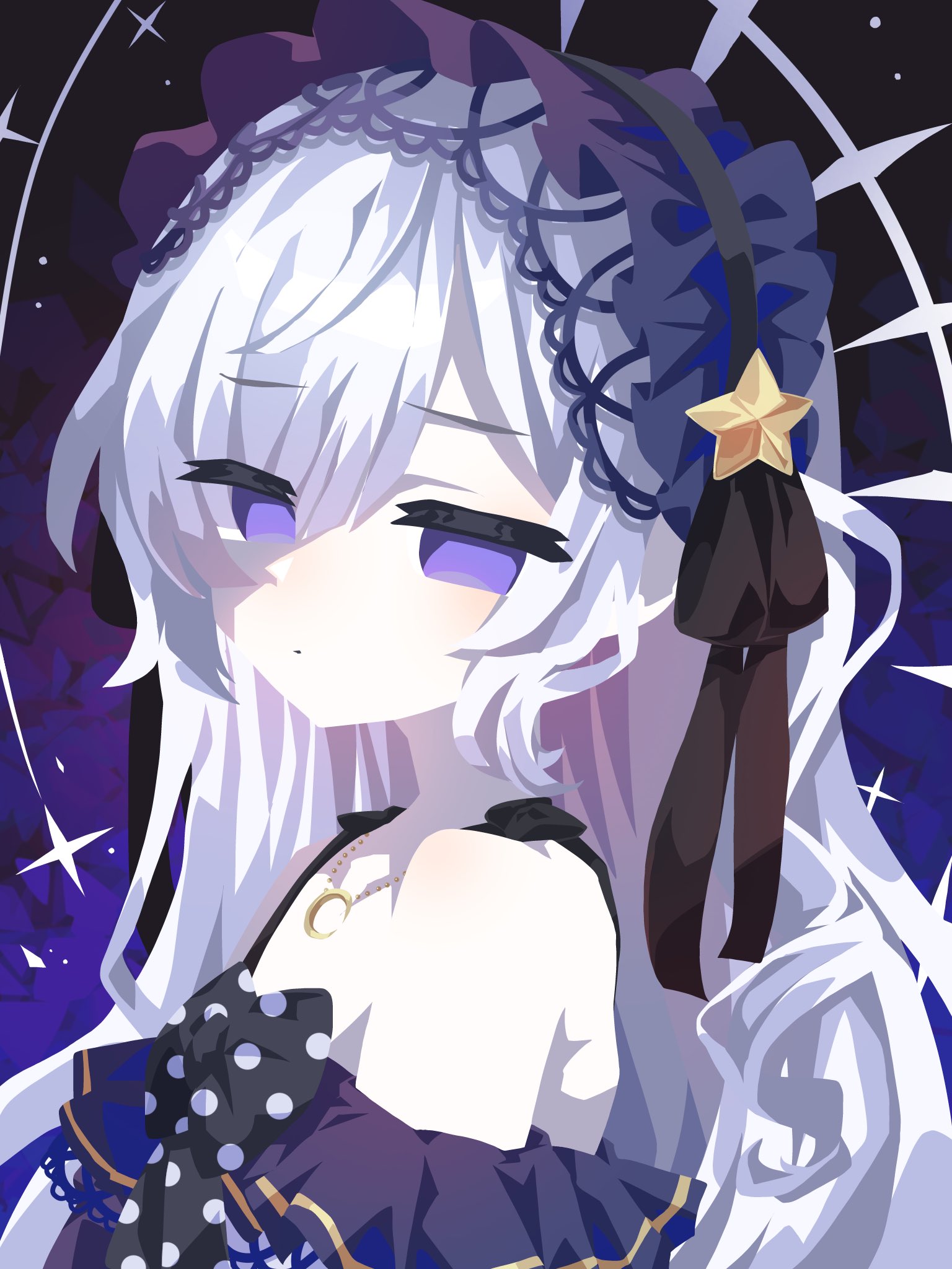natsume anan, mahou shoujo no majo saiban, commentary request, highres, 1girl, bare shoulders, black ribbon, bow, closed mouth, crescent, crescent necklace, empty eyes, expressionless, gothic lolita, hair over one eye, hairband, half-closed eyes, jewelry, jitome, lolita fashion, lolita hairband, long hair, looking at viewer, magical girl, necklace, otomebakudan, polka dot, polka dot bow, purple background, purple eyes, ribbon, solo, star (symbol), upper body, white hair