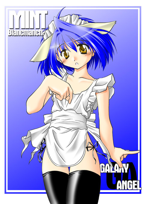 mint blancmanche, galaxy angel, 00s, 1girl, alternate costume, animal ears, apron, blue background, blue hair, blush, character name, collarbone, copyright name, embarrassed, enmaided, female focus, flat chest, gradient background, looking at viewer, maid, maid apron, maid headdress, naked apron, open mouth, panties, short hair, side-tie panties, simple background, solo, thighhighs, underwear, yellow eyes