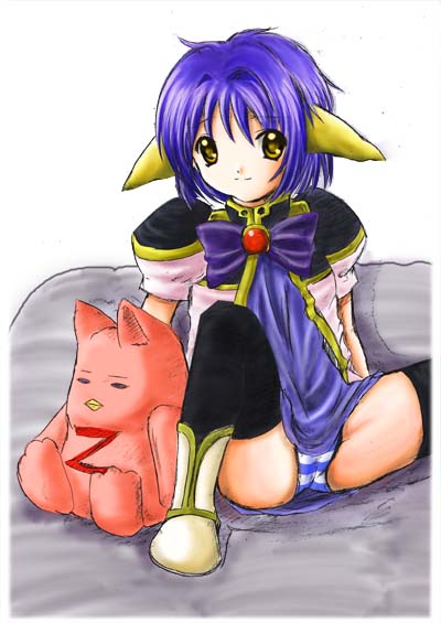 mint blancmanche, normad, galaxy angel, 00s, 1girl, animal ears, blue hair, dress, female focus, gloves, green eyes, looking at viewer, panties, pantyshot, short dress, short hair, sitting, solo, spread legs, striped clothes, striped panties, thighhighs, underwear, yellow eyes