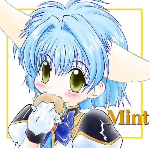 mint blancmanche, galaxy angel, lowres, tagme, 00s, 1girl, animal ears, blue hair, blush, character name, eating, female focus, food, gloves, green eyes, puffy sleeves, short hair, solo, yellow eyes