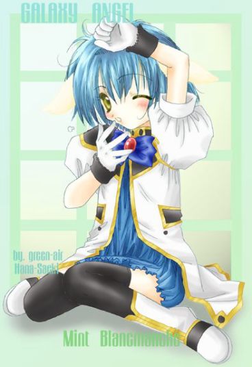 mint blancmanche, galaxy angel, 00s, 1girl, animal ears, artist name, blue hair, blush, character name, copyright name, dress, female focus, gloves, green eyes, one eye closed, puffy sleeves, short dress, short hair, solo, thighhighs, yellow eyes