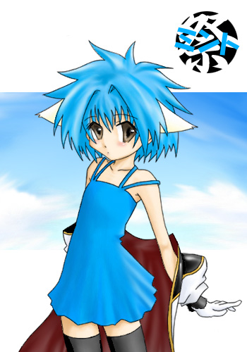 mint blancmanche, galaxy angel, lowres, 00s, 1girl, animal ears, blue hair, blush, character name, dress, female focus, gloves, green eyes, looking at viewer, short dress, short hair, simple background, solo, thighhighs, white background, yellow eyes, zettai ryouiki