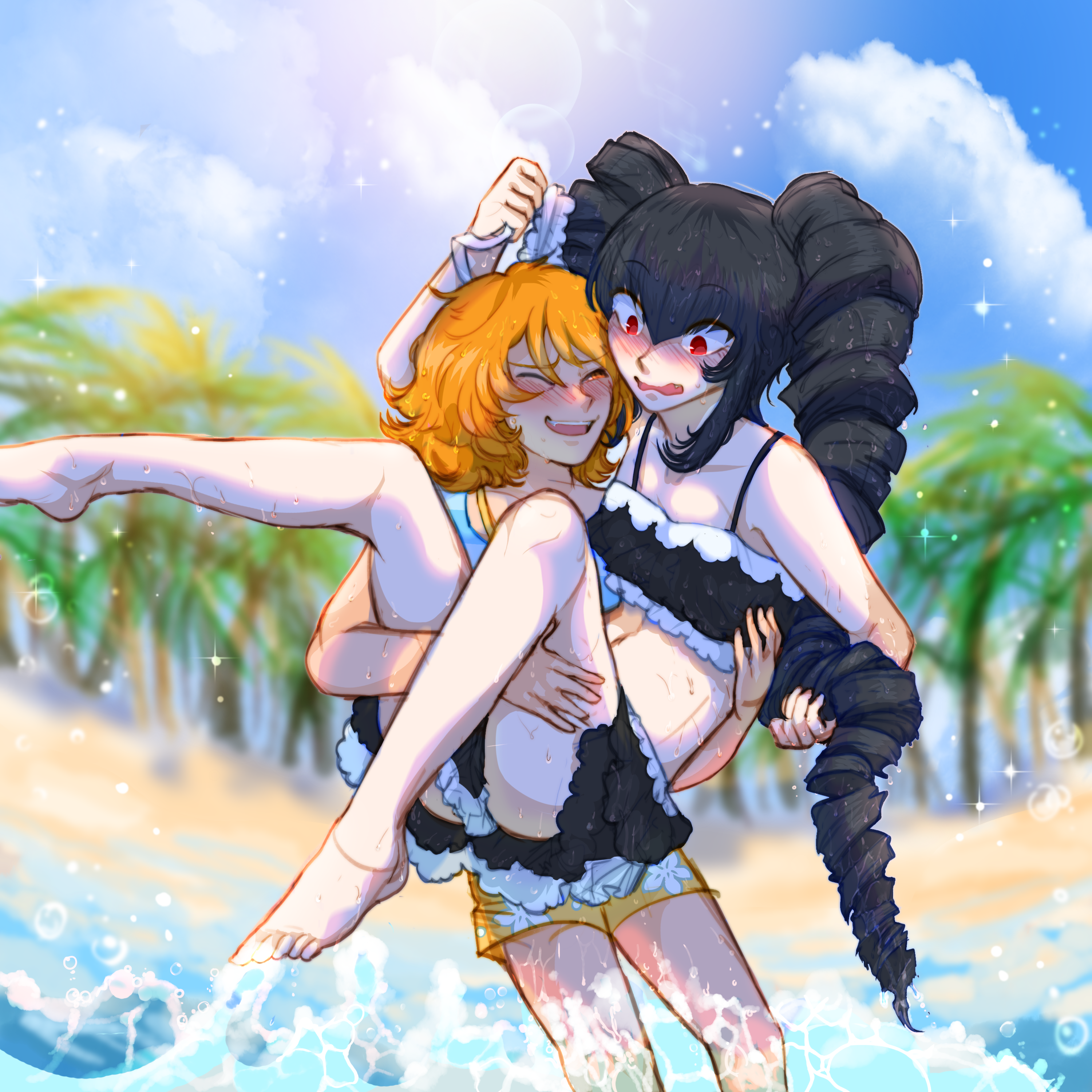 twinklelitchii, celestia ludenberg, fujisaki chihiro, danganronpa: trigger happy havoc, danganronpa (series), absurdres, highres, 1boy, 1girl, :d, bare arms, bare shoulders, barefoot, beach, bikini, black bikini, black hair, blush, breasts, cloud, collarbone, day, drill hair, fang, male swimwear, open mouth, orange hair, orange male swimwear, outdoors, palm tree, red eyes, sand, small breasts, smile, swimsuit, teeth, tree, twin drills, twintails, upper teeth only, water