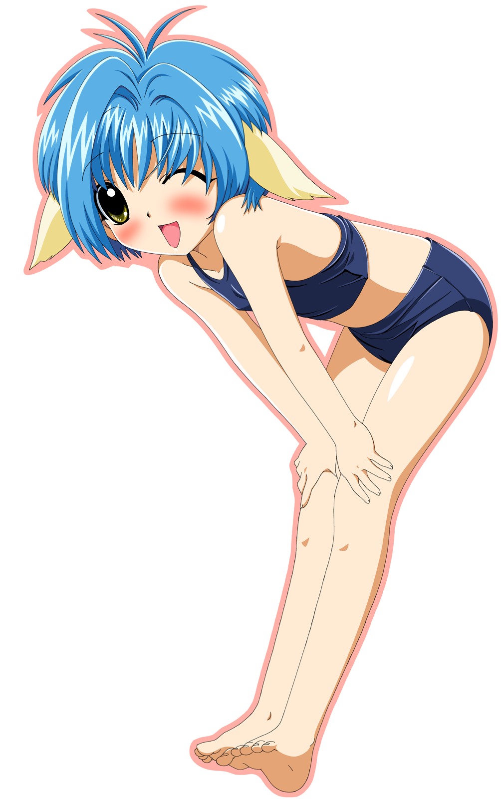 mint blancmanche, galaxy angel, highres, 00s, 1girl, animal ears, barefoot, bent over, blue hair, blush, feet, female focus, green eyes, one eye closed, open mouth, outline, short hair, simple background, smile, soles, solo, swimsuit, toes, white background, wink, yellow eyes